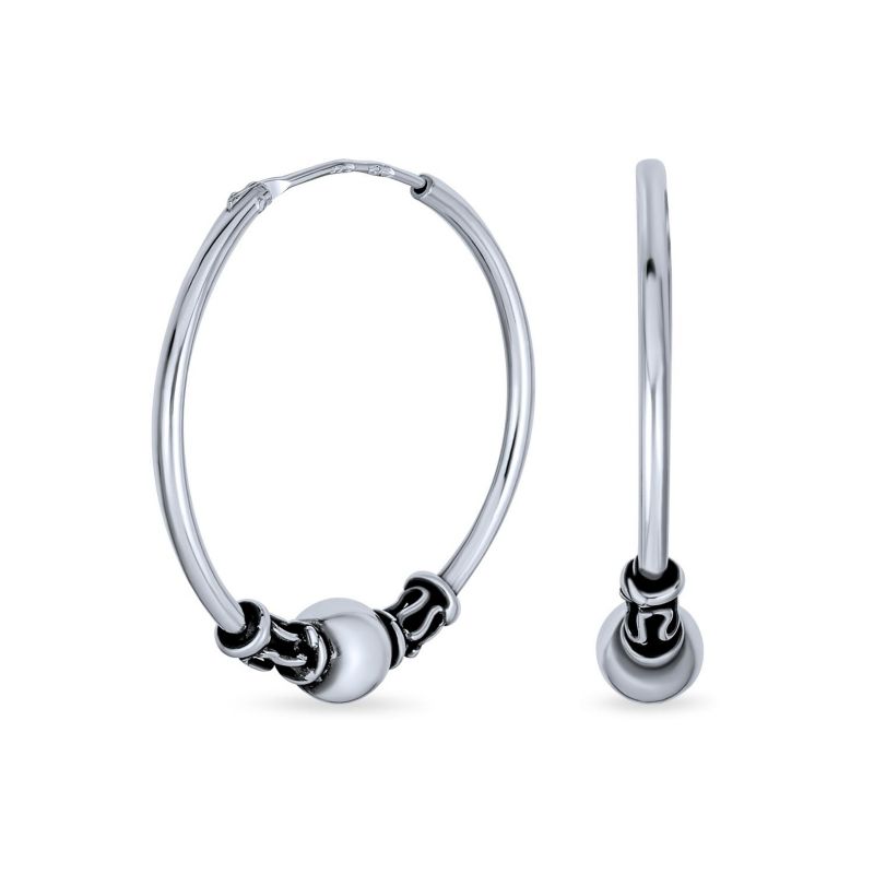 Balinese Bead Bali Endless Hoop Earrings 1" Oxidized .925 Sterling Silver