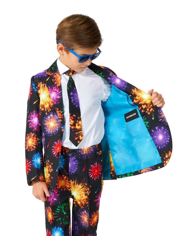 Little Boys Fireworks Button Closure Suit Set Including Blazer, Pants and Clip-On-Tie