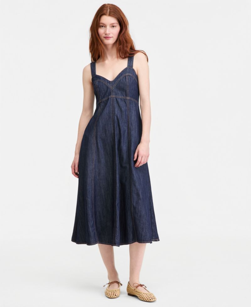 Women's Denim Sweetheart-Neck Midi Dress