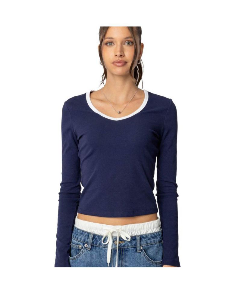 Women's Contrast V Neck Long Sleeve T Shirt