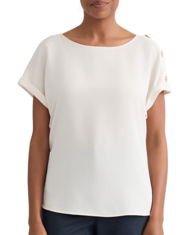 Petite Shoulder-Button-Detail Boat-Neck Short-Sleeve Blouse