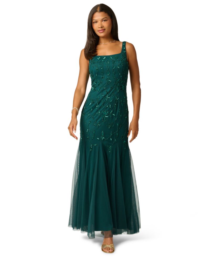 Women's Beaded-Mesh Square Neck Long Dress