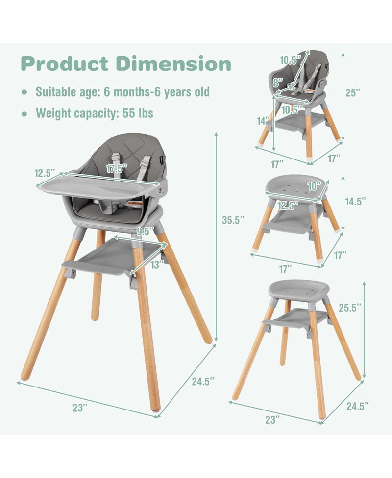 6-in-1 Convertible High Chair with Harness and Removable Tray