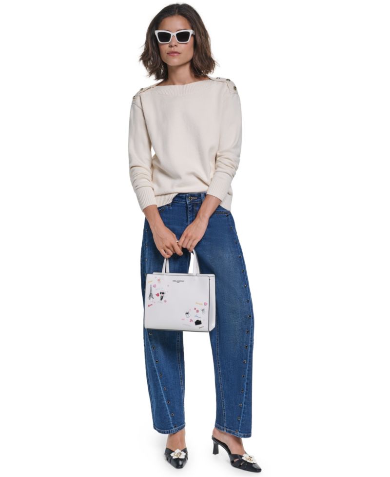 Women's Button Shoulder Boat Neck Long-Sleeve Sweater