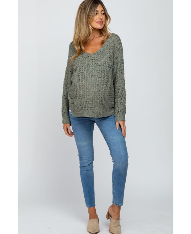Women's Olive V-Neck Side Slit Thick Knit Sweater