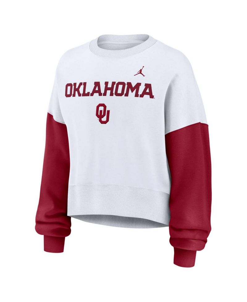 Women's White Oklahoma Sooners Color-Block Oversized Cropped Pullover Sweatshirt
