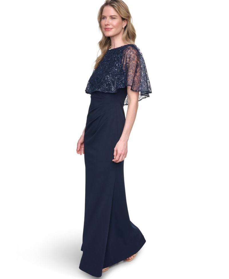 Petite Capelet Boat Neck Sequin Detail Gown
