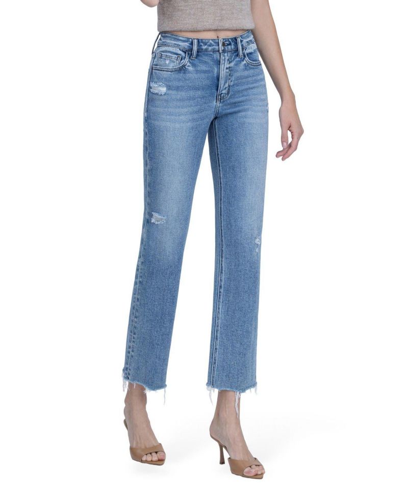 Women's High Rise Distressed Detail Ankle Straight Jeans