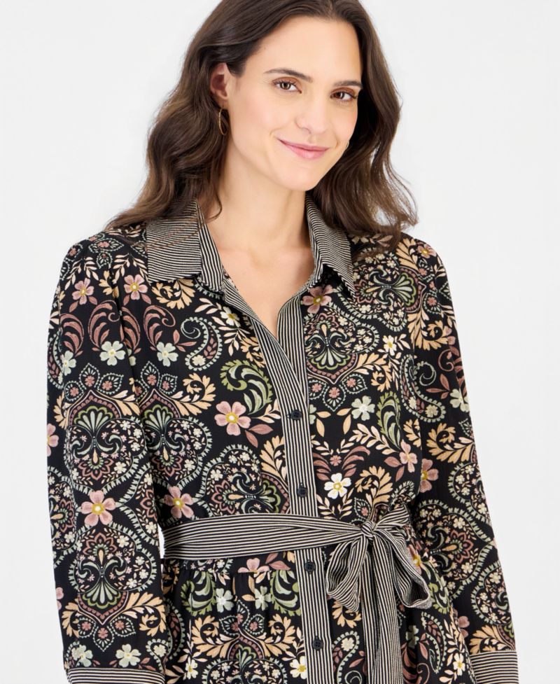 Petite Twin Print Belted Shirtdress