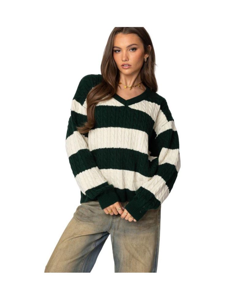 Women's Oversized Striped Cable Knit Sweater
