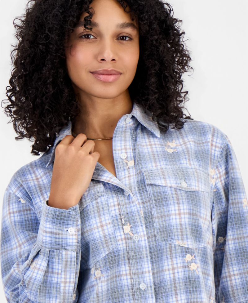 Women's Plaid Long-Sleeve Cord-Embroidered Button-Up Shirt