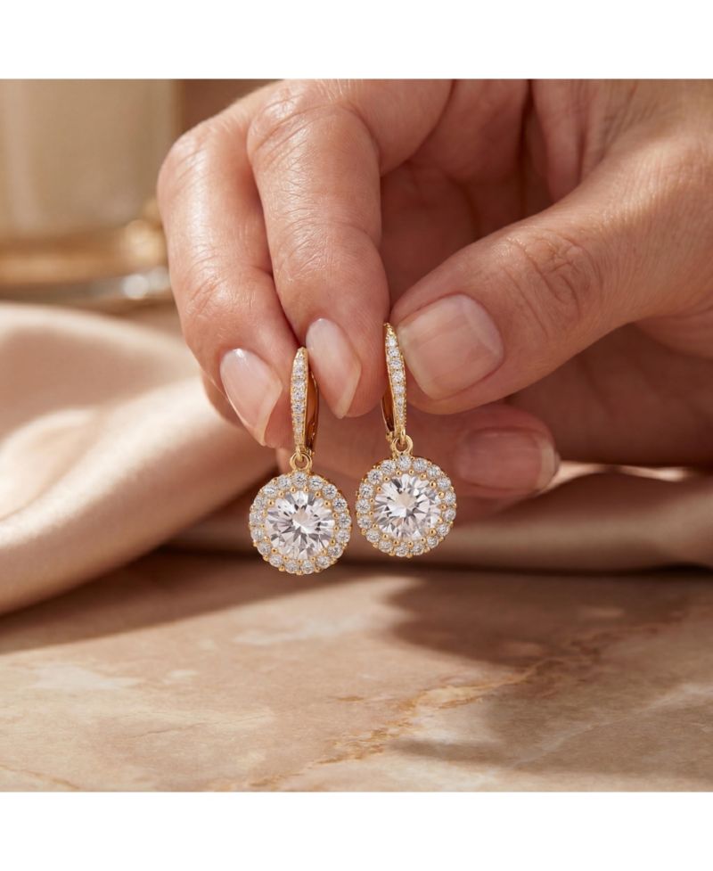 Brilliant Sterling Silver Round CZ Haloed Solitaire Drop Earrings