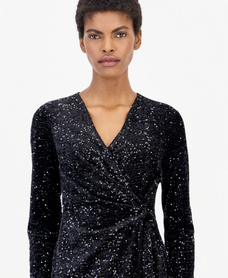 Women's Classic Velvet Sequin Faux-Wrap Dress