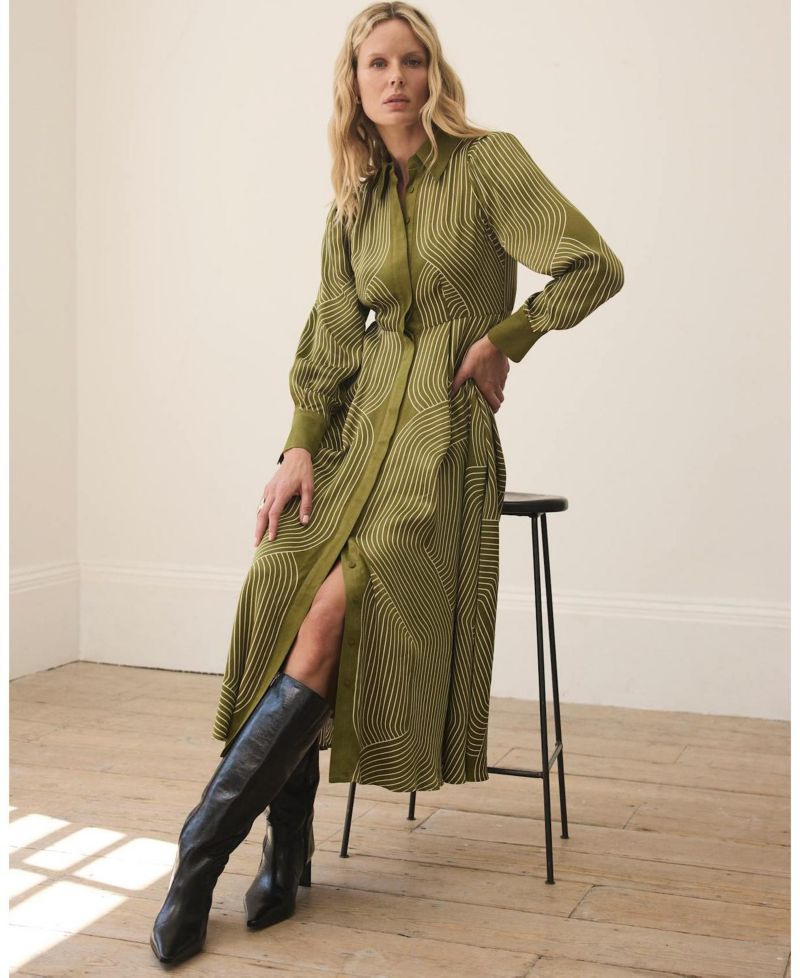 Women's Long-Sleeve Satin A-Line Midi Shirt Dress