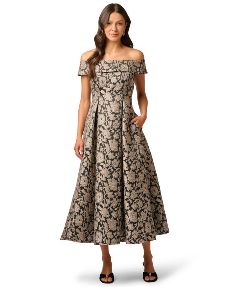 Women's Off-the-Shoulder Floral-Print Jacquard Midi Dress