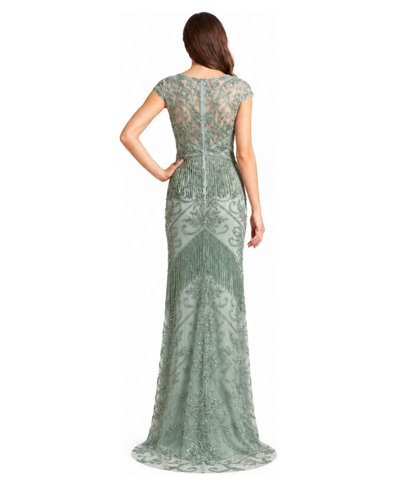 Plus Size Cap-Sleeve Beaded Fringe Gown