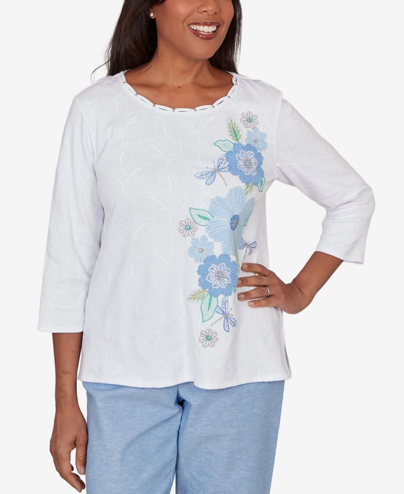 Petite Caribbean Blues Embroidered Dragonfly Floral Top