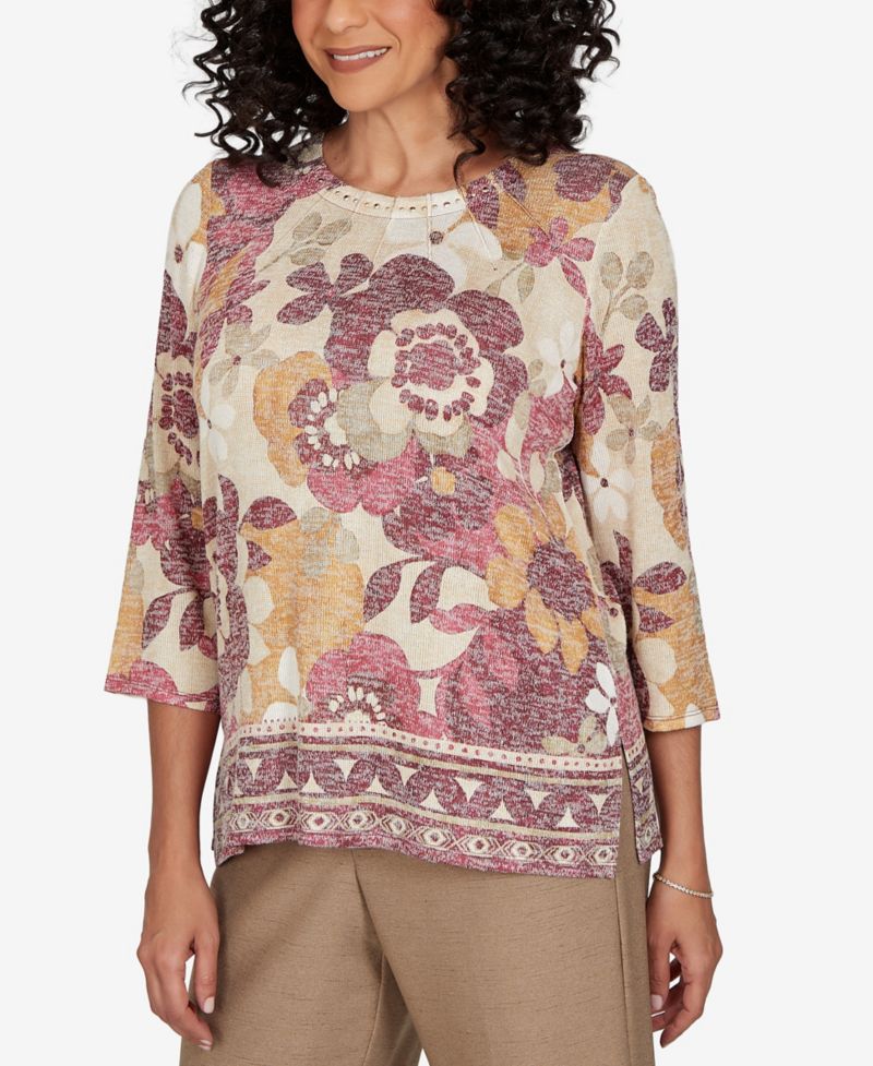 Petite Union Square Exploded Floral Geo Border 3/4-Sleeve Top