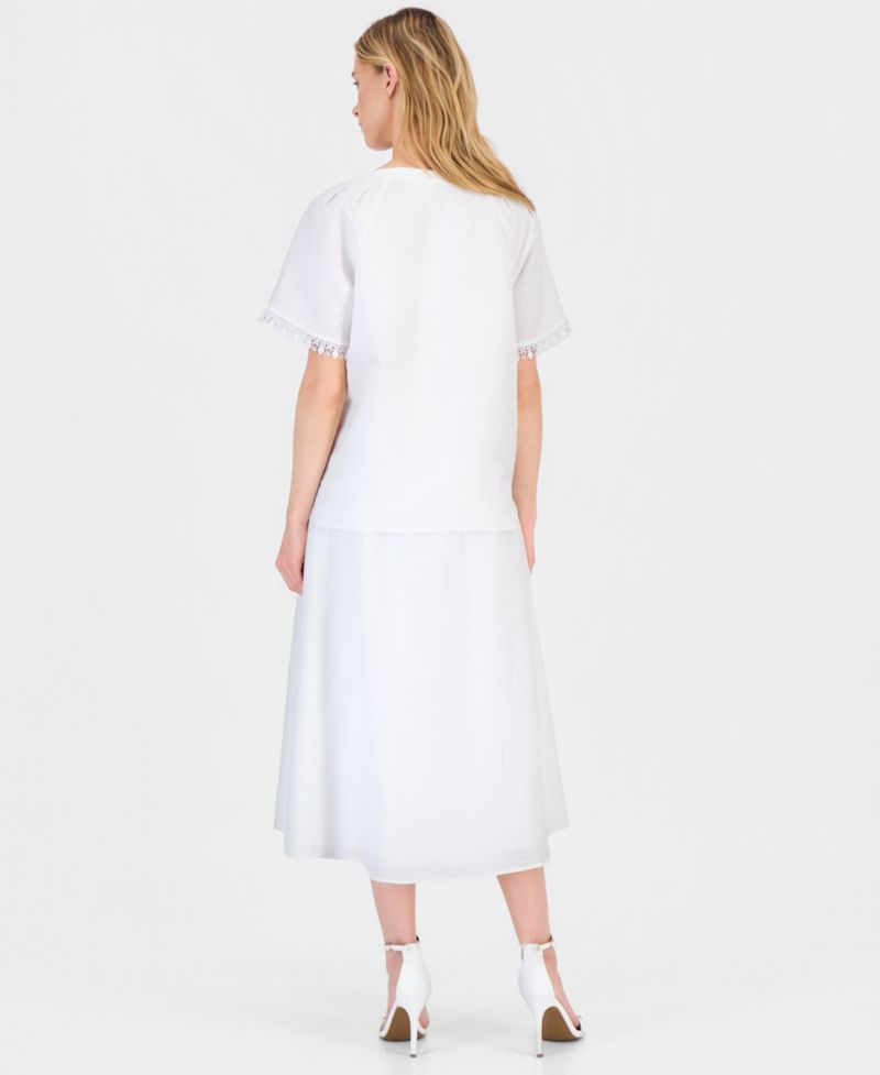 Women's Linen-Blend Pleat-Neck Blouse & Pull-On A-Line Midi Skirt