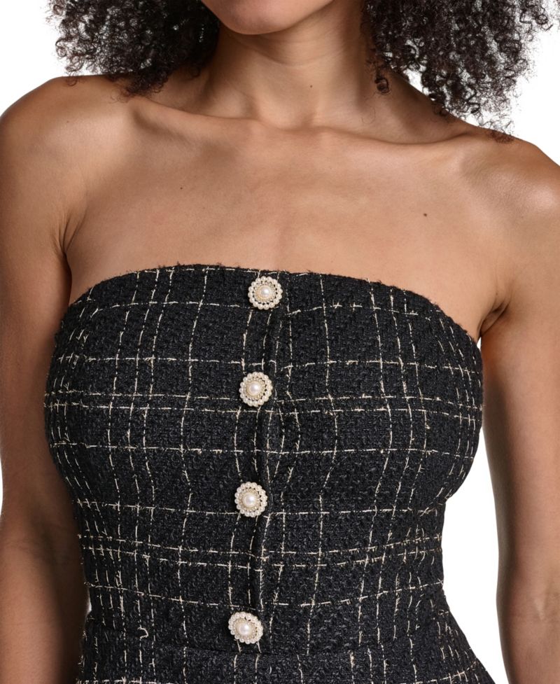 Women's Strapless Tweed Bodice Chiffon Gown