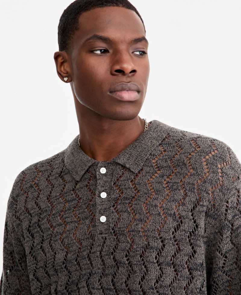 Men's Zig Zag Trim Open-Knit Panel Classic Fit Polo Shirt