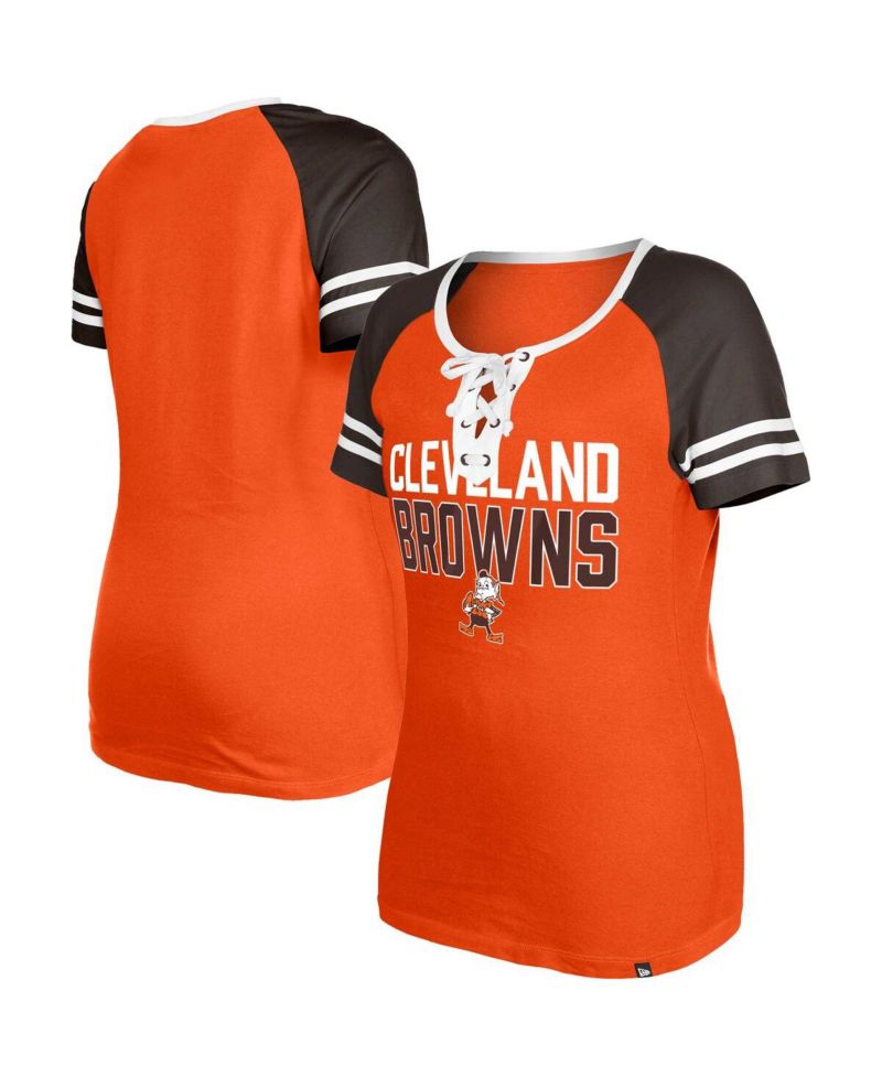 Women's Orange Distressed Cleveland Browns Throwback Raglan Lace-Up T-shirt