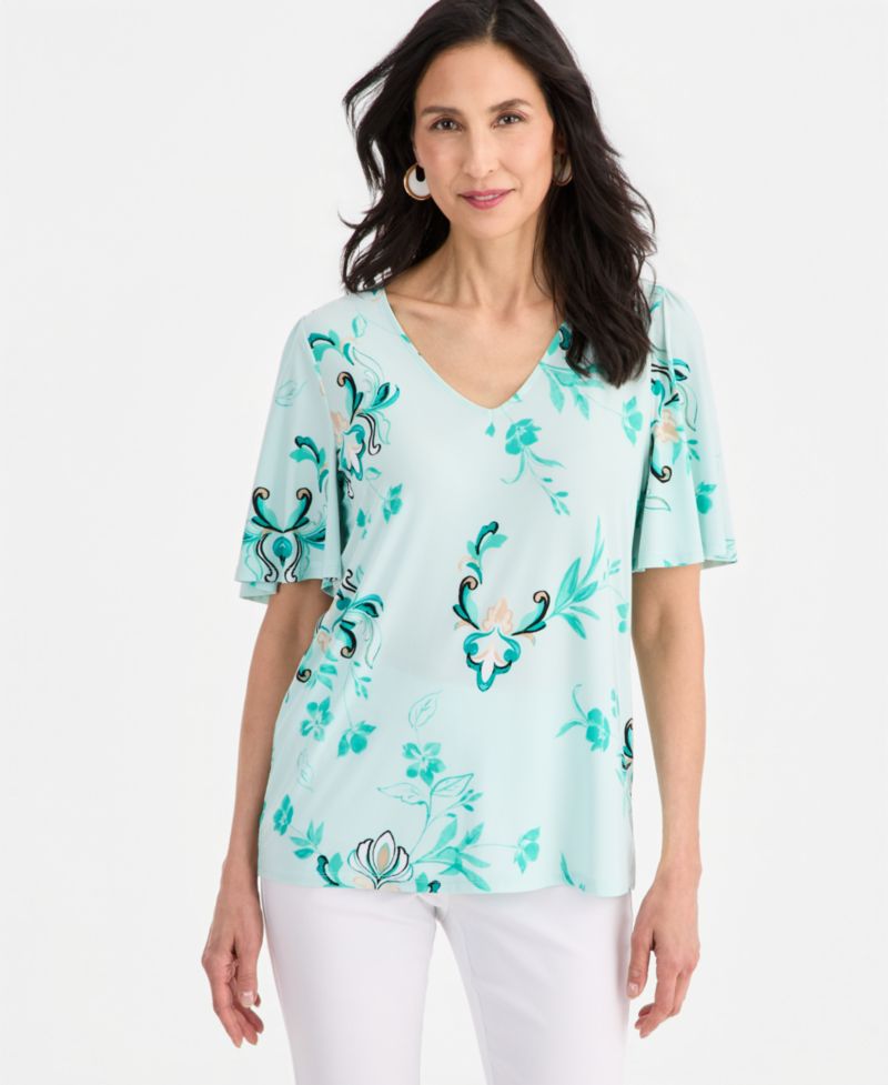 Women's Printed V-neck Flutter-Sleeve Top