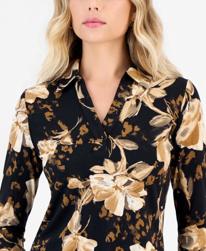 Petite Long-Sleeve Floral-Print Point Collar Top