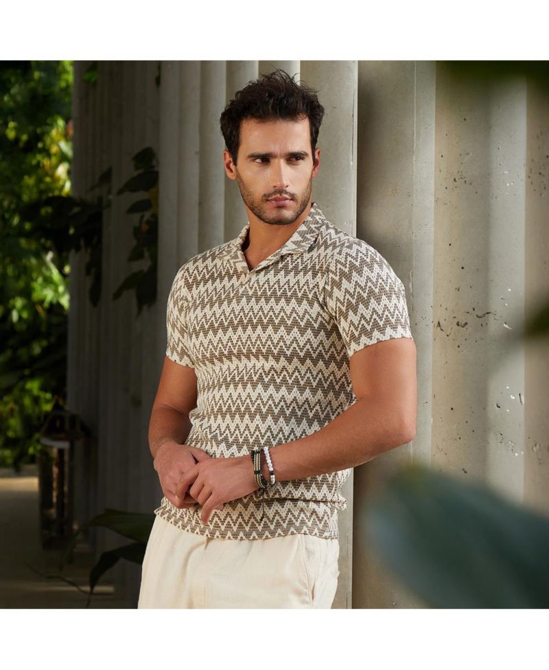 Men's French Beige and Off White Zig-Zag Knit Polo T-Shirt