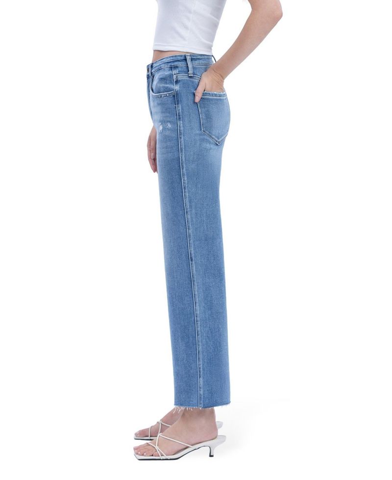Women's High Rise Raw Hem Slim Wide Leg Jeans