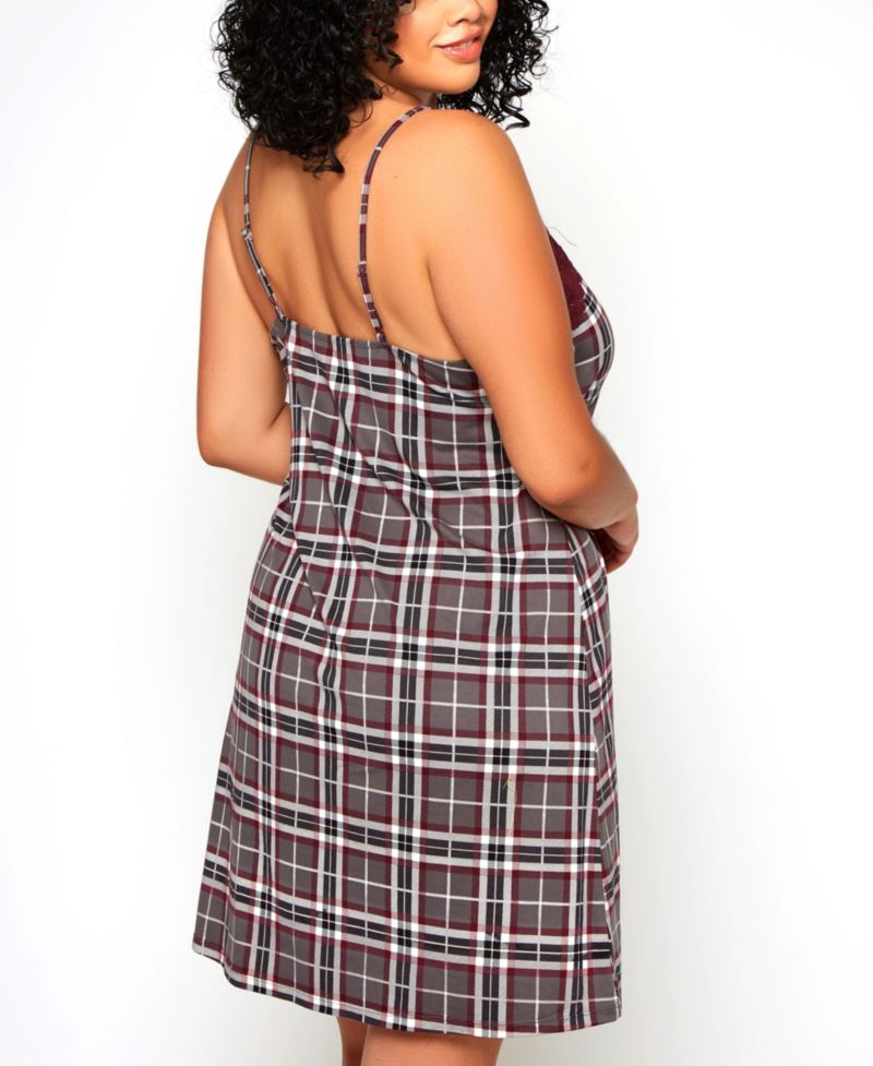 Plus Size Modal Plaid Trimmed in Elegant Lace 1-Piece Nightgown