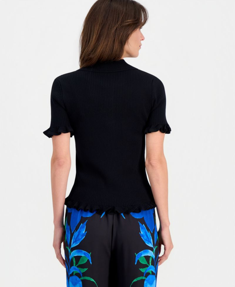 Women's Half-Placket Ribbed Ruffle-Trim Top