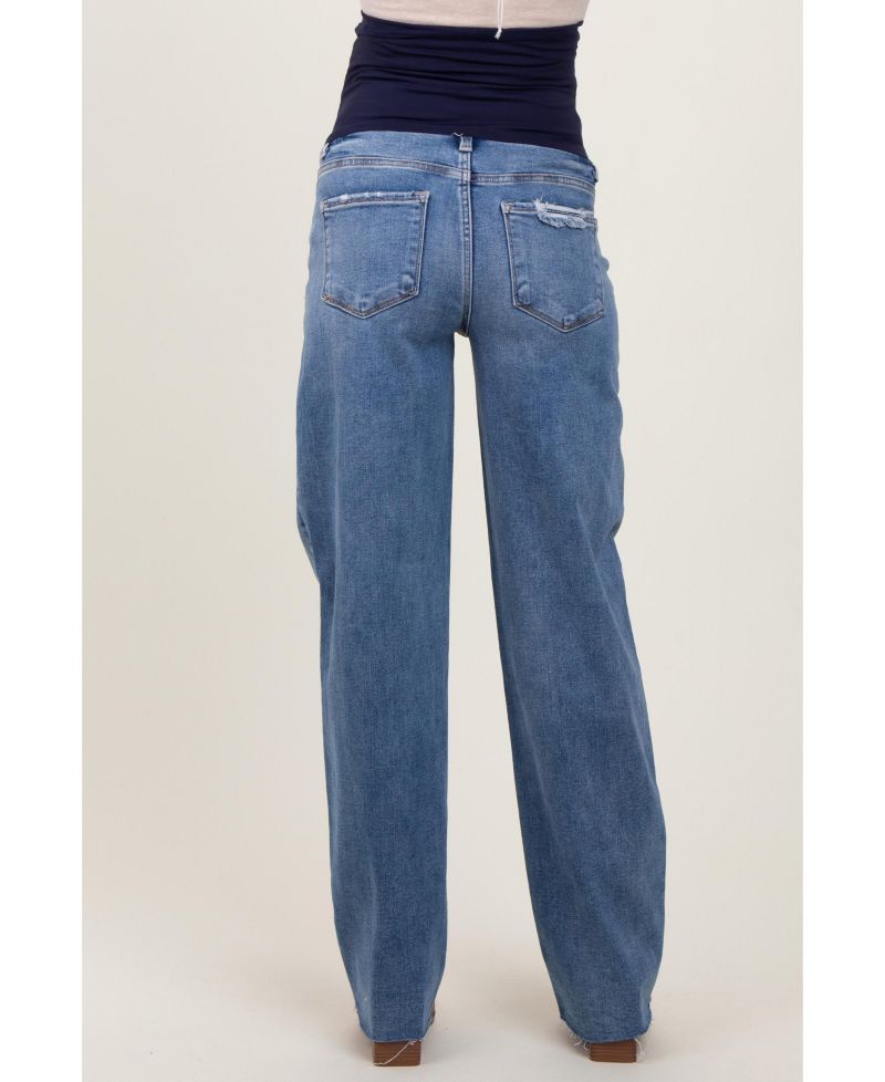 Women's Blue Vintage Wash Raw Hem Wide Leg Jeans