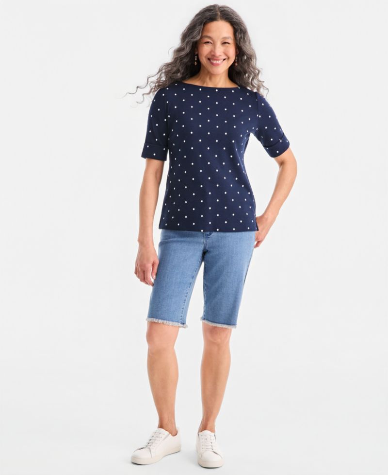 Petite Elbow-Sleeve Boat Neck Knit Dot Top