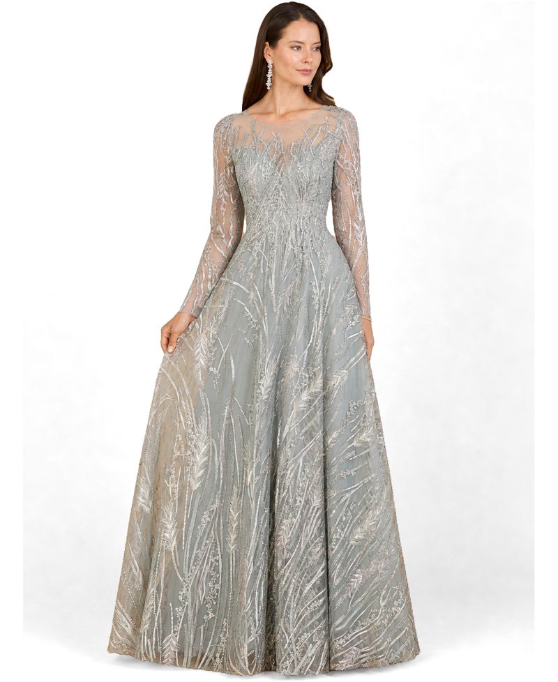 Women's Long Sleeve Illusion Neck Gown