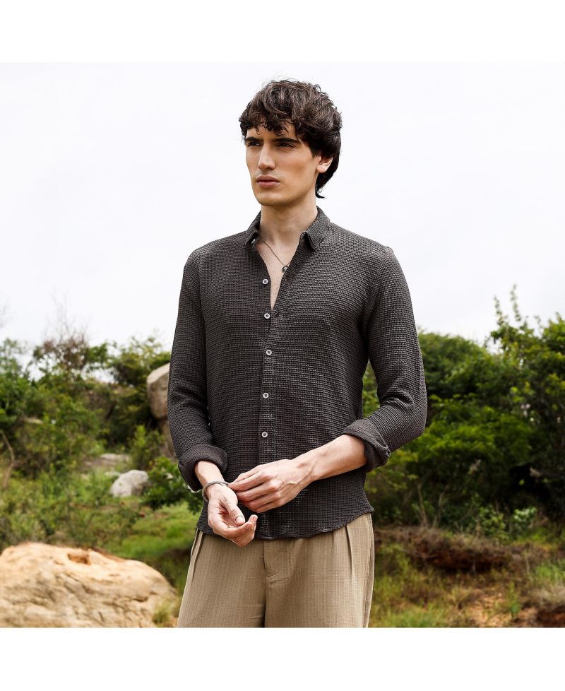 Men's Charcoal Black Weave-Textured Shirt