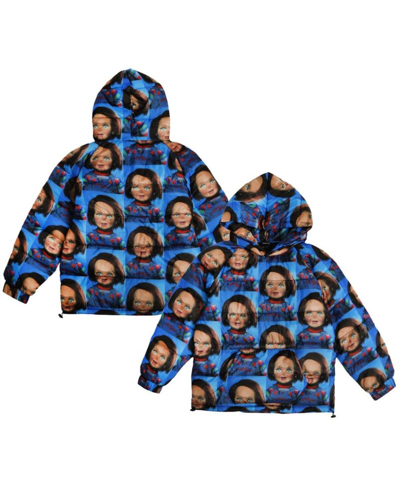 Men's Blue Chucky Repeat Puffer Hoodie Full-Zip Jacket