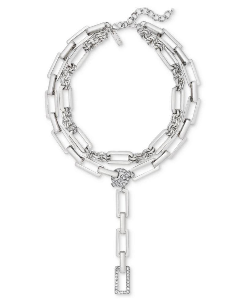 Silver-Tone Pav&eacute; Link Layered Lariat Necklace, 18" + 3" extender