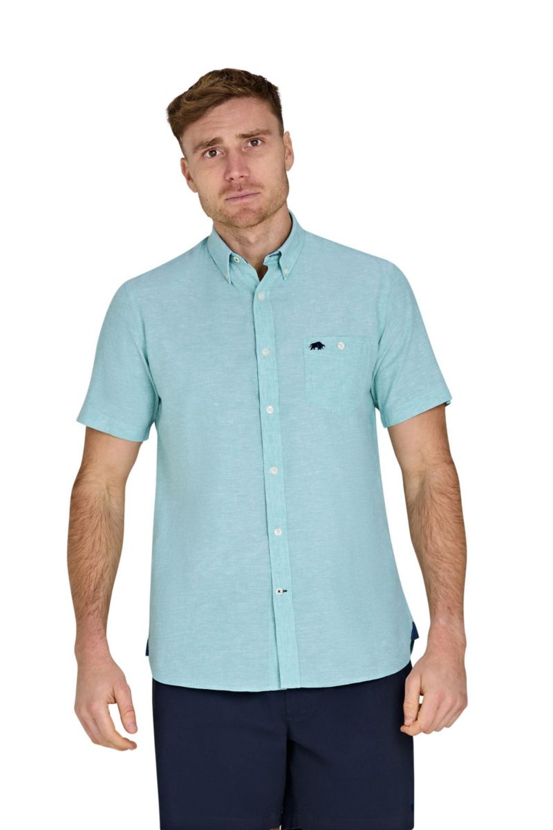 Men's Short-Sleeve Linen-Blend Button-Down Collar Shirt