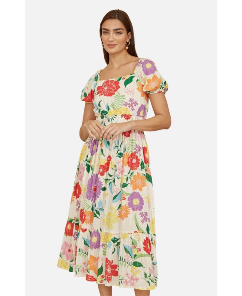 Women's Short Sleeve Square Neck Midi Dress