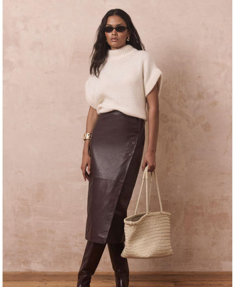 Women's Leather Wrap Midi Skirt