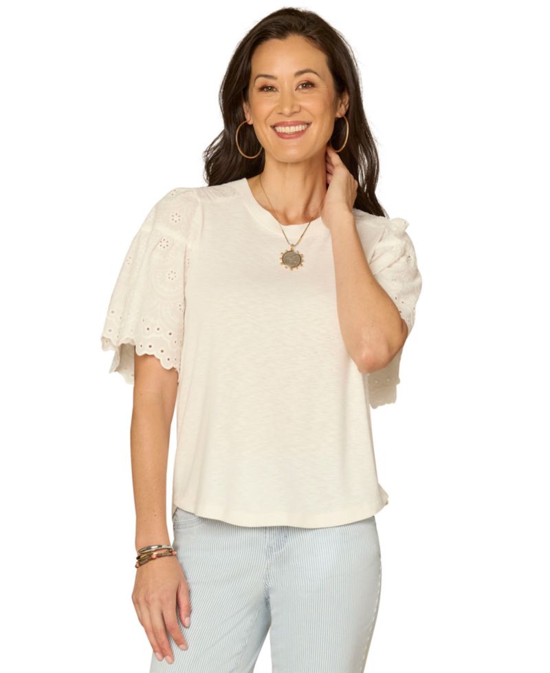 Petite Puff-Sleeve Crewneck Shirttail Hem Knit Top