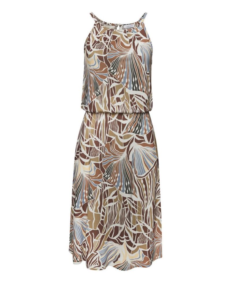 Women's Viscose Printed High Neck A-Line Elastic-Waist Short Dress