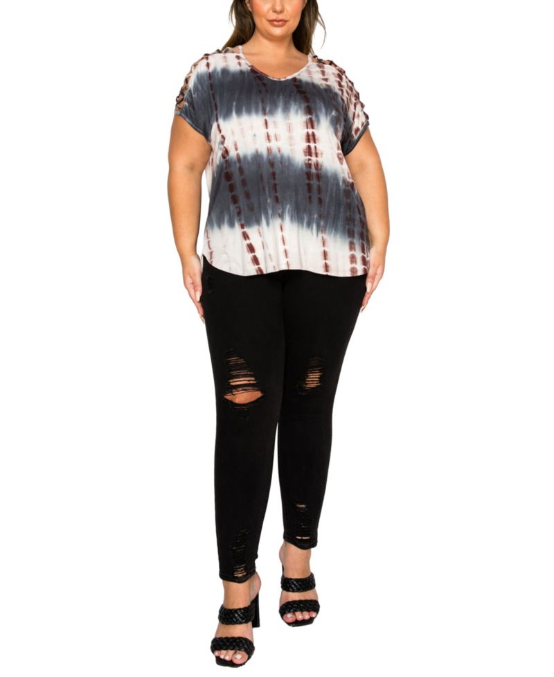 Plus Size Tie Dye Lattice Sleeve Dolman T-Shirt