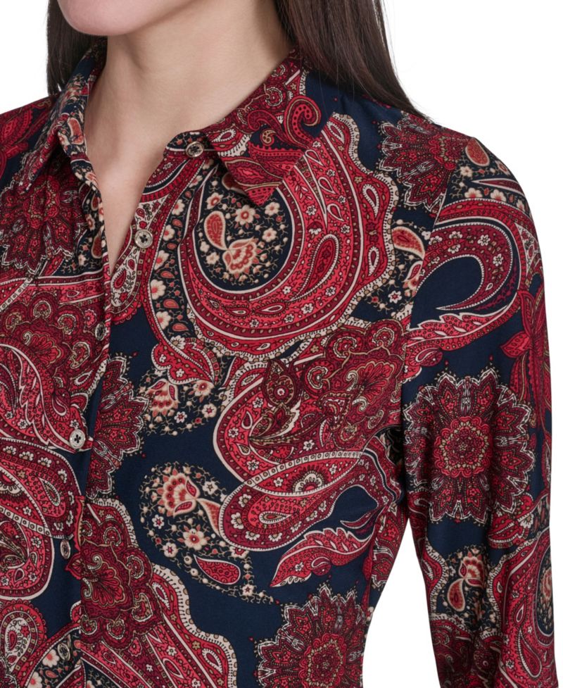 Women's Long-Sleeve Paisley Print Collared Top