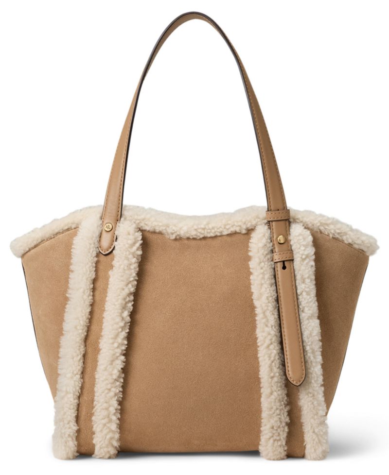 Tasha Suede Shearling Trim Small Tote Bag