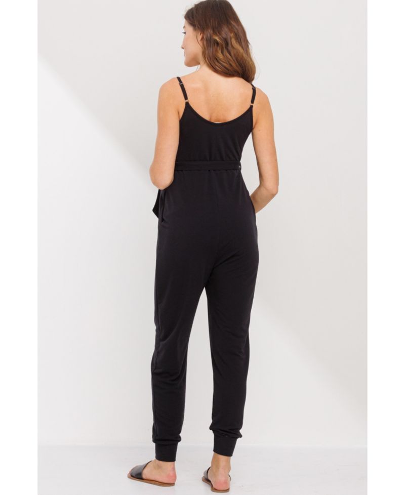 Maternity Sleeveless with Tie Waist and Adjustable Straps Jogger Jumpsuit