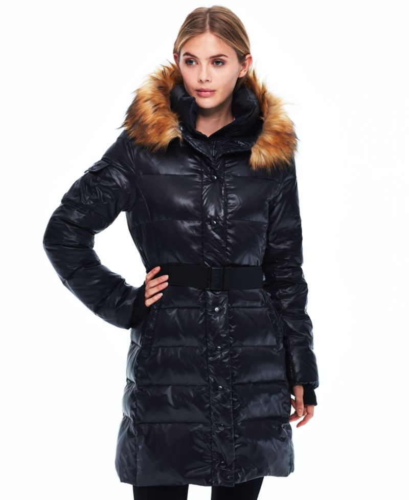Women's Faux-Fur Hooded Belted Shine Puffer Coat