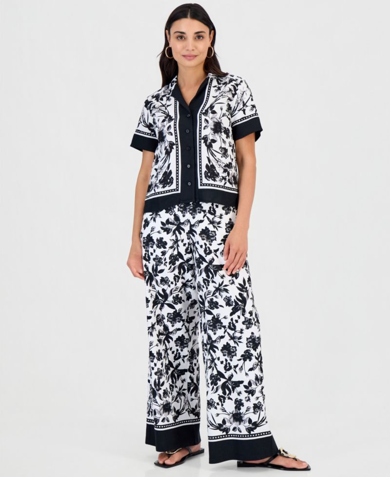 Petite Linen-Blend Printed Short-Sleeve Button-Up Shirt