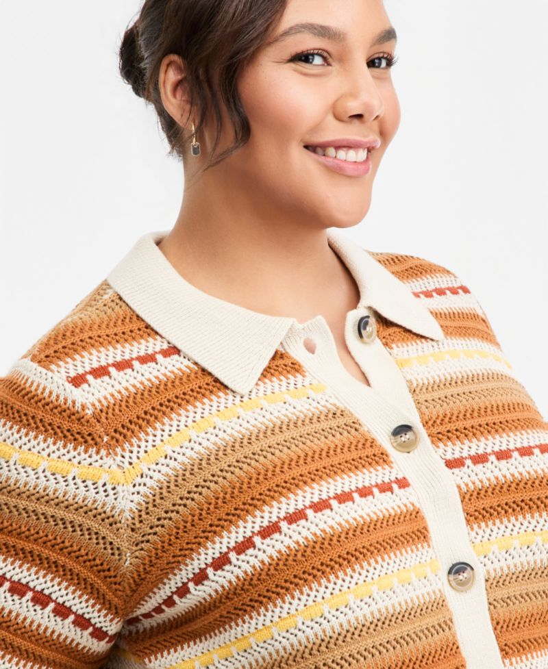 Trendy Plus Size Textured Stripe Collared Cardigan